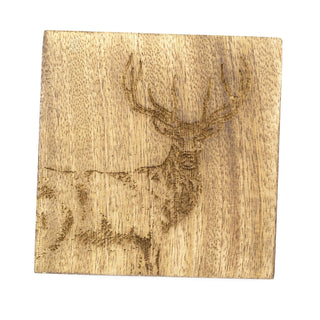 Set Of 4 Mango Wood Majestic Stag Coasters | 4 Piece Rustic Deer Coasters With Holder Cup Mug Table Mats | Wooden Square Drinks Coaster Set