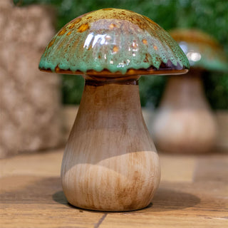 Ceramic Mushroom Ornament | Reactive Glaze Rustic Toadstool Statue - 14cm