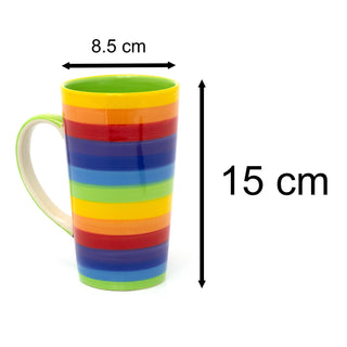 Hand Painted Rainbow Stripe Ceramic Tall Latte Coffee Mug | Large Multi Coloured Tea Cup | Stripped Hot Drinks Mug Coffee Cup