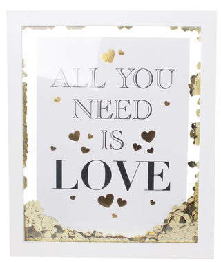 White Wooden Gold Heart Confetti Decorative Box Printed Quote Frame 32cm ~ All You Need Is Love