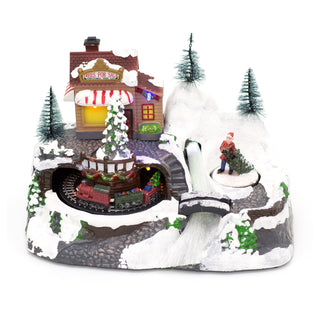 Christmas Scene With Moving Train Xmas Model Village | Light Up LED Animated Christmas Village Ornament | Design Varies One Supplied