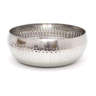 24cm Stylish Silver Metal Kitchen Fruit Bowl | Round Stainless Steel Display Dish With Hammered Detail | Snack Bowl