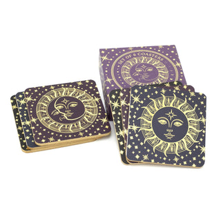 6 Piece Sun & Moon Coasters | Celestial Square Wooden Mats for Drinks Cups Mugs