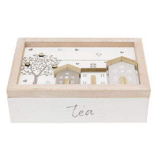 Shabby Chic House Design Wooden Tea Box Caddy 24x16cm | 6 Compartment Tea Bag Storage Box | Kitchen Organiser Tea Case