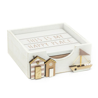 Set of 4 Wooden Seashore Coasters & Beach Hut Holder | Nautical Quotes Coasters