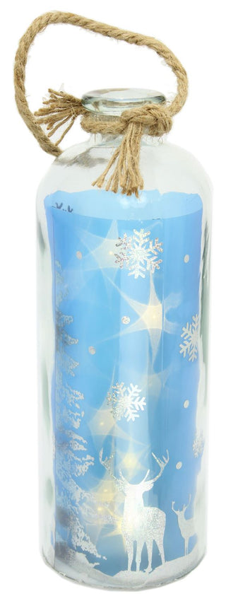 Light Up LED Blue Silver Reindeer Bottle Glass Jar Christmas Lantern Decoration