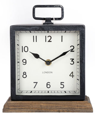Distressed Square Black Metal Mantel Clock On Wood Base