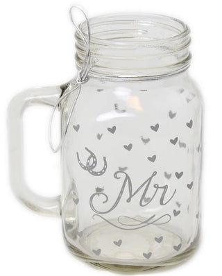 Bride And Groom Mason Style Clear Glass Wedding Drinking Jar ~ Mr