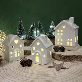 Mini LED White Ceramic House Lamp | Christmas Village Light Up House | Festive Night Light Christmas Decoration - Design Varies One Supplied