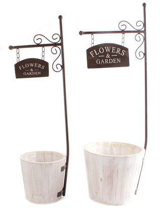 Set Of 2 Rustic Wooden Garden Planter Pots ~ Outdoor Indoor Flower Pots