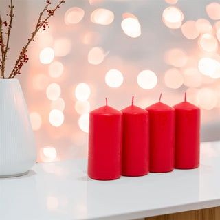 Set of 4 Red Pillar Candles | Unscented Wax Candles for Home & Events - 5x10cm