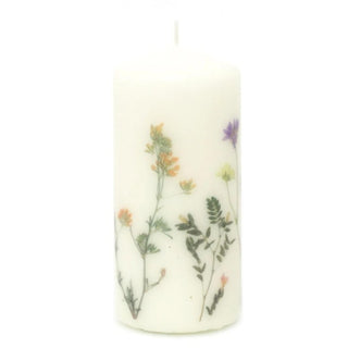 Floral Patterned Cream Pillar Candle with Pressed Flower Motifs