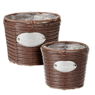 Set of 2 Brown Woven Wicker Outdoor Plant Pot Planters