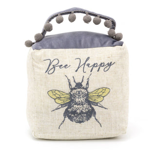 Bee Happy Cube Fabric Bee Doorstop | Honey Bee Pom Pom Doorstopper | Square Bee Door Stop With Handle