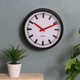 Retro Station Wall Mounted Clock | Black & Red Chunky Wall Clock - 23cm
