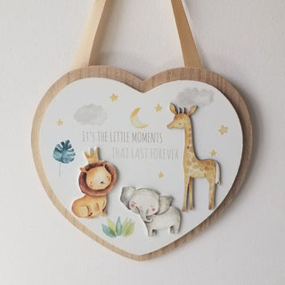 Wooden Heart Shaped Little Moments Plaque | Baby Nursery Safari Hanging Sign