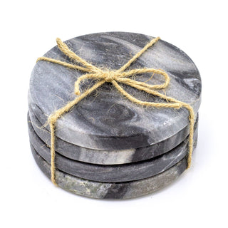 Set Of 4 Black Marble Coasters | 4 Piece Round Natural Stone Marble Coaster Set