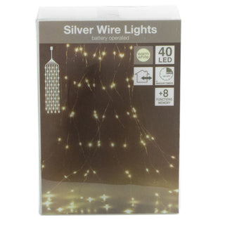 Decorative Silver Wire Hanging Chandelier LED Lights - 40 Warm White Battery Operated Fairy Light Cascade