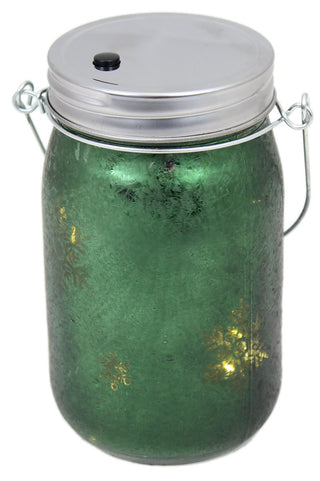 Frosted Glass Light Up Snowflake LED Mason Jar Christmas Lantern With Handle ~ Green