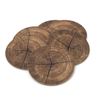 Set Of 6 Round Tree Trunk Print Coasters | Bark Design Cork Backed Coaster Set