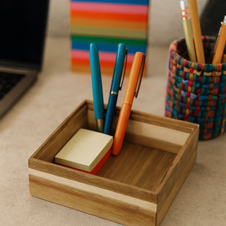 Acacia Wood Storage Box | Stackable Square Organiser Tray for Drawers - 15x15cm