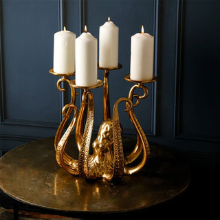 Antique Style Gold Metal Octopus Candle Holder | Extra Large Candlestick - 32cm
