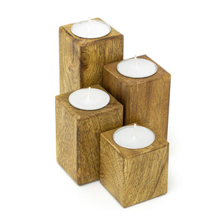 Rustic Set Of 4 Mango Wood Square Tea Light Holders With Votive Candles