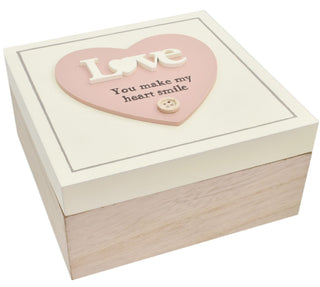 Beautiful Wooden Trinket Keepsake Storage Box with Hearts - Love You Make My Heart Smile