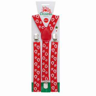 Adult Red Christmas Tree Braces | Xmas Office Party Celebration Fancy Dress Accessory | Novelty Clip On Trouser Braces | Xmas Suspenders | Design Varies One Supplied