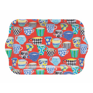 Sarah Campbell Red Tea Cup Small Tin Tray | Kitchen Tea Tray With Handles