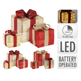 Set Of 3 LED Light Up Christmas Present Boxes | 3 Piece Red & Gold Light Up Xmas LED Gift Boxes | LED Christmas Parcels Christmas Decorations