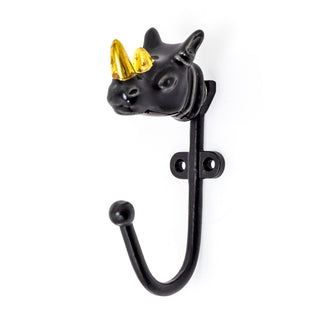 Black & Gold Rhinoceros Wall Hook | Rhino Wall Mounted Safari Coat Hook - 12cm