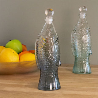 Blue Glass Fish Bottle with Silicone Glass Stopper - Coastal Charm for Your Home
