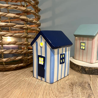 Blue LED Ceramic Beach House | Nautical Striped Beach Hut Ornament | Light - Up Coastal Decoration
