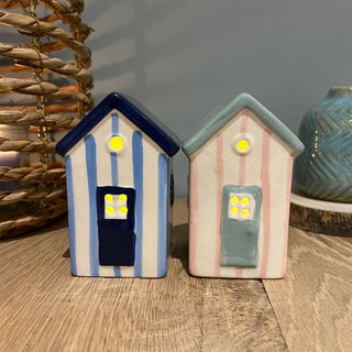 Blue LED Ceramic Beach House | Nautical Striped Beach Hut Ornament | Light - Up Coastal Decoration