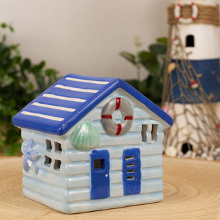 Blue LED Ceramic Seaside Beach Hut | Nautical Beach House Ornament - 11cm