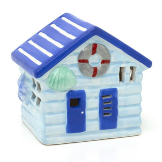 Blue LED Ceramic Seaside Beach Hut | Nautical Beach House Ornament - 11cm