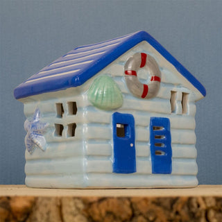 Blue LED Ceramic Seaside Beach Hut | Nautical Beach House Ornament - 11cm