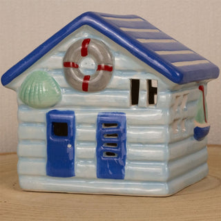 Blue LED Ceramic Seaside Beach Hut | Nautical Beach House Ornament - 11cm