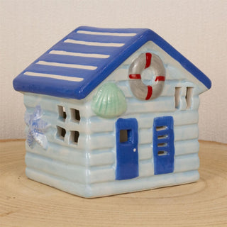 Blue LED Ceramic Seaside Beach Hut | Nautical Beach House Ornament - 11cm
