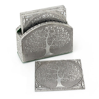 Tree Of Life Set Of 6 Coasters In Holder | Family Coasters With Holder Cup Mug Table Mats | Square Embossed Aluminium Drinks Coaster Set