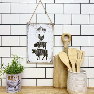 The Tasty Bits Wooden Hanging Plaque Rustic Kitchen Wall Sign Beef Chicken Pork