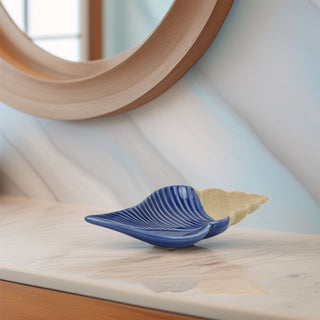 Ceramic Conch Shell Trinket Dish | Blue Nautical Jewellery Dish & Key Tray 19cm