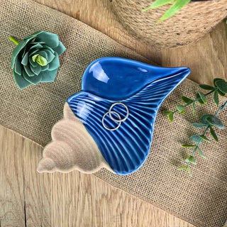 Ceramic Conch Shell Trinket Dish | Blue Nautical Jewellery Dish & Key Tray 19cm