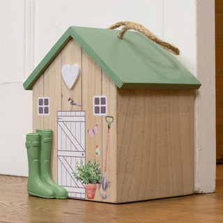 Charming Wooden Shed Doorstop | Cute Wood Door Stop with Jute Handle - 18x15cm