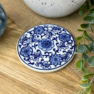 Chinoiserie Blue & White Floral Coaster | Round Ceramic Drinks Mat - 10cm