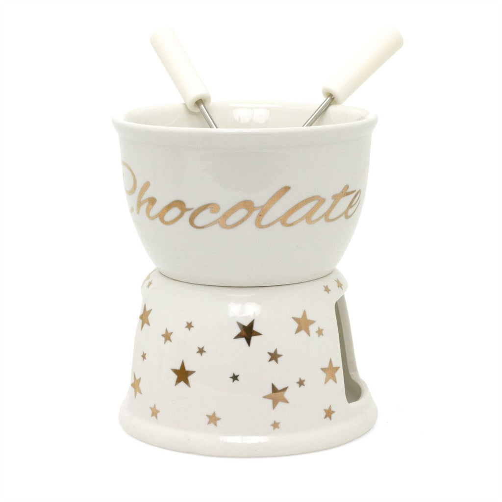 Chocolate Fondue Set White Ceramic Tea Light Candle Fondue Pot with  Forks