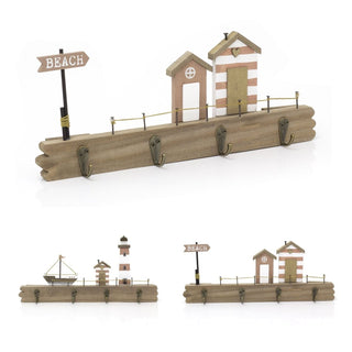 Coastal Beach Hut Plaque with 4 Wall Hooks - Nautical Wooden Hanger Decor - 34cm