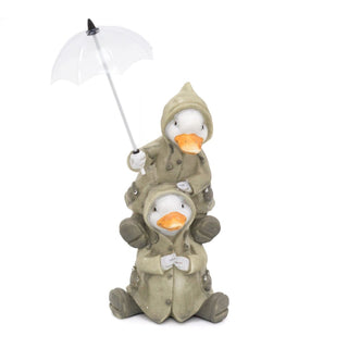 Cute Puddle Duck Family With Umbrella Ornament | Indoor Outdoor Duck And Brolly Statue | Bird Sculpture Garden Decorations
