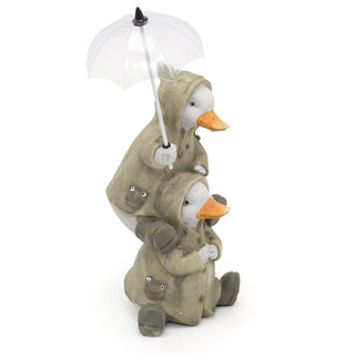 Cute Puddle Duck Family With Umbrella Ornament | Indoor Outdoor Duck And Brolly Statue | Bird Sculpture Garden Decorations